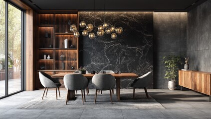 Dining area features wood table, gray chairs, stone wall, and modern lighting fixtures