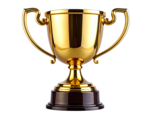Golden Trophy Cup with Wide Handles, Straight-On Studio Shot, Isolated on Transparent Background
