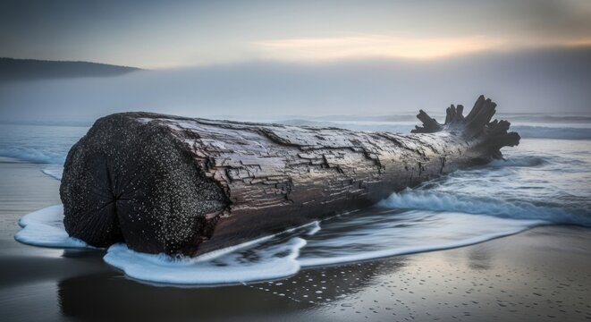 Driftwood log on misty beach with ocean waves at dawn