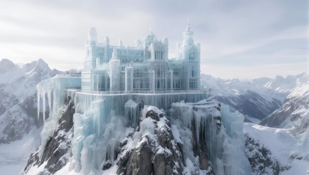 Frozen castle of ice towers on a craggy mountain peak, set against snowy peaks - Powered by Adobe
