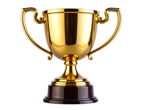 Golden Trophy Cup with Wide Handles, Straight-On Studio Shot, Isolated on Transparent Background