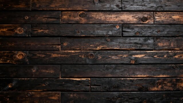 Richly textured dark wood planks form a rustic horizontal background surface - Powered by Adobe