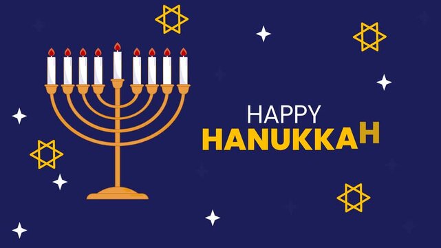 Happy Hanukkah Celebration with Menorah and Animated Text Greeting on Blue Background