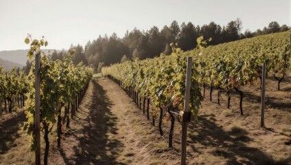 Naklejka premium Golden sunlight bathes rows of grapevines in a vast vineyard, hills in the distance