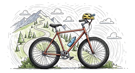 Mountain bike with helmet and water bottle in a hand-drawn scenic mountain landscape with pine trees and winding path, illustrating outdoor adventure and cycling sport.