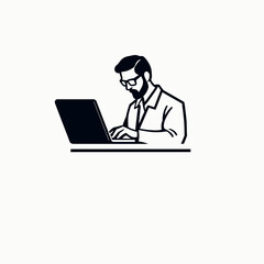 A minimalist black and white icon of a bearded man with glasses working on a laptop.