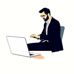 A professional man with a beard and glasses working on a laptop, sitting in a chair, in a flat illustration style.