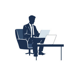 Silhouette of a businessman working on multiple laptops in an armchair.