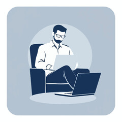 Minimalist illustration of a bearded man with glasses working on a laptop while sitting in a comfortable armchair.