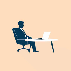 Minimalist illustration of a businessman in a suit sitting at a desk with a laptop computer.