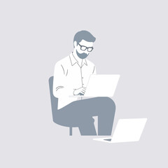A minimalist illustration of a bearded man wearing glasses, sitting and working on a laptop, with another laptop on the floor.