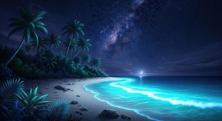 Magical tropical beach night with glowing waves and starry sky