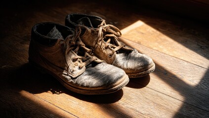 Worn work boots in sunlight on wood floor