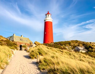 A vivid red lighthouse stands tall against a blue, partly cloudy sky, nestled amidst sandy dunes and coastal grasses