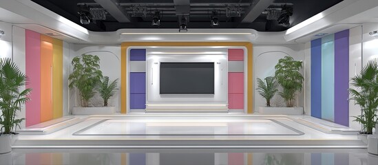 A bright, modern studio set with a stage, multiple colorful panels, and greenery for television