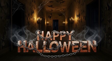 Eerie greeting for the spooky season with rusty chained letters and smoke effects in a dark, haunted mansion corridor