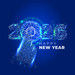 2026 Happy New Year start button with pointing hand finger vector illustration in techno, polygonal geometric connected art style.