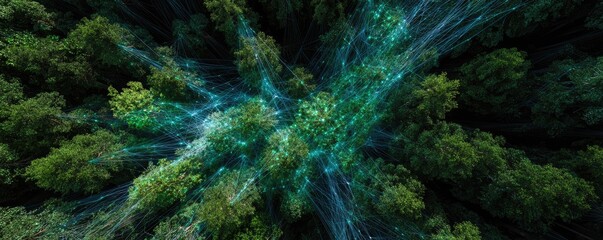 An aerial, top-down view of a dense forest, with glowing ethereal lines connecting the trees