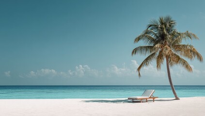 Tropical beach scene with chaise lounge and palm tree
