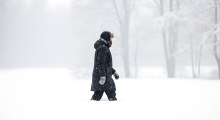 Person walks through a winter snowstorm in a snowy landscape.
