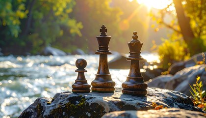 Three chess pieces, pawn, king, and queen, stand on a rock near a flowing river. Bright sunlight shines through trees