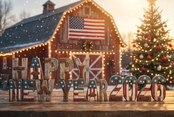 Obraz premium Rustic barn decorated for happy new year 2026