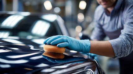 Professional vehicle detailing service with gloved hand polishing sleek surface faceless detailer defocused workshop background using sponge rotary buffer brilliant shine