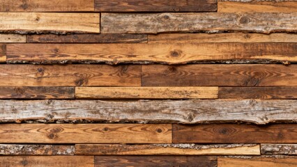 Obraz premium Rustic stacked wooden planks display varying shades of brown with natural uneven edges creating an organic backdrop