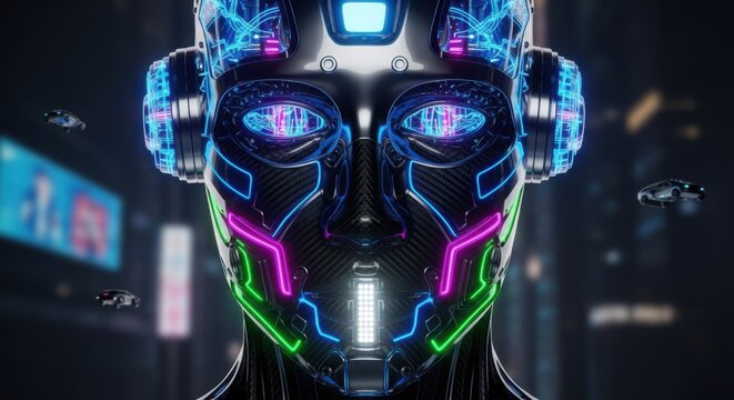 Futuristic Robot Head with Glowing Neon Lights in Cyberpunk City