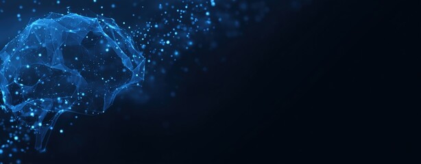 Abstract blue neural network brain shape with glowing particles and dark background