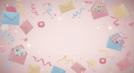 Romantic flat lay composition with red and white envelopes, gift box with red ribbon, and paper hearts on pastel pink background Valentine Day love letter and celebration concept