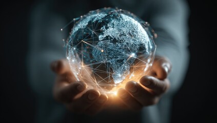 A digital globe held in cupped hands, glowing softly