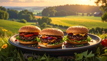 Three delicious burgers on a plate sit in a grassy meadow, a scenic background of fields and trees. Sunlight bathes the scene