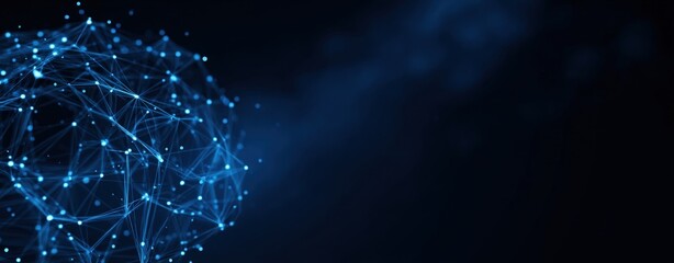 Abstract glowing blue digital network sphere with interconnected points on dark background