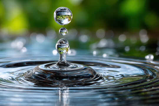 Closeup of water droplets colliding and creating ripples in a pond