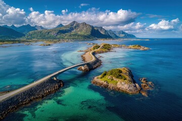 Scenic road connects small islands to mainland with mountains beyond