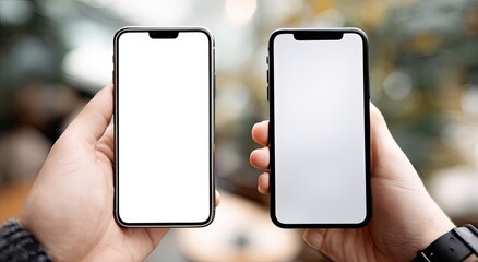 Two smartphones held by hands, blank screens