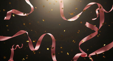 Pink, curled paper strips and specks suspended in air against a dark background, creating a celebratory vibe