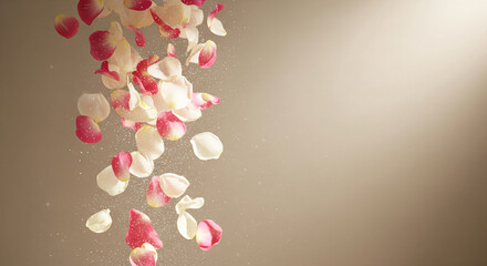 Red rose petals and golden glitters are falling down in a red background. Perfect for celebrating love, Valentine's day, or festive occasions.