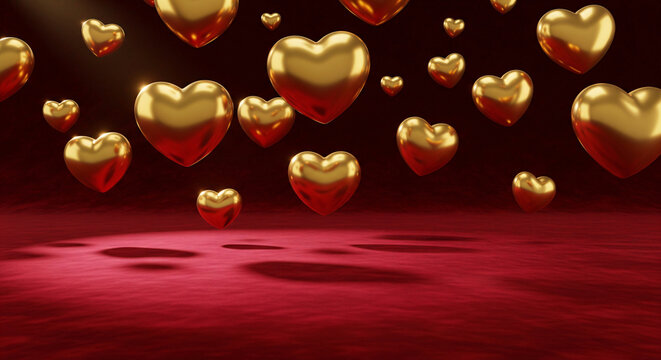 Ultra-modern mockup background with space for text for Saint Valentines Day and 8 March International Womens Day, luxurious red velvet texture with embossed golden heart details