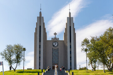Fototapeta premium view of the modern Luthern Church in downtown Akureyri in North Iceland