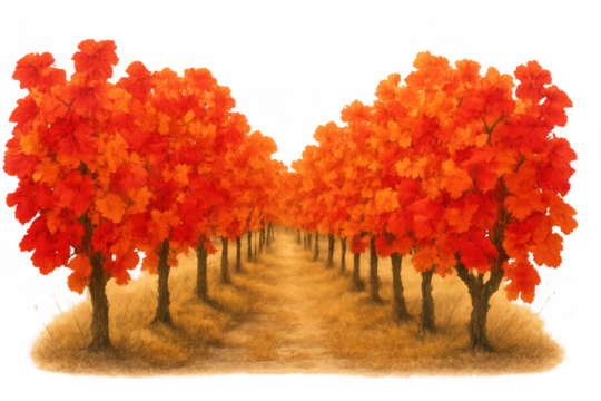 Autumn tree lined path in park or forest showing vibrant fall foliage with red and orange leaves on transparent background