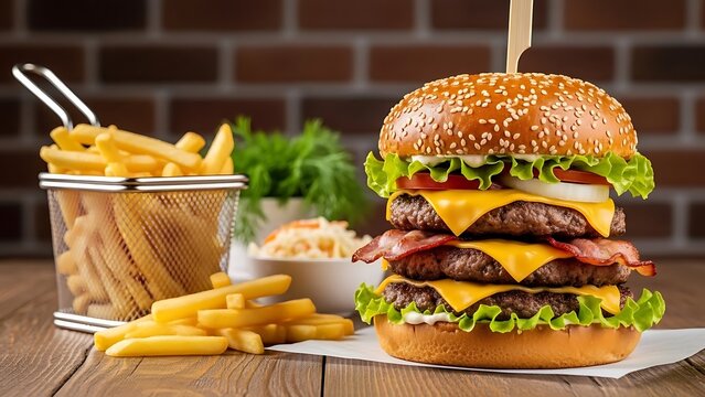 Triple cheeseburger with bacon and french fries hamburger - Powered by Adobe