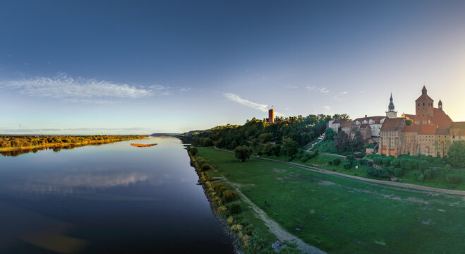 drone landscape view of the old town centre of Grudziadz and the Vistula River