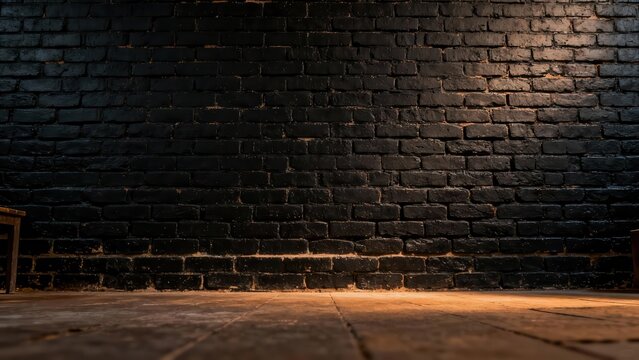 Illuminated dark painted brick wall meets rustic wooden floor in low angle shot