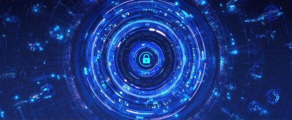 Abstract blue digital vortex with a glowing lock symbol at its center