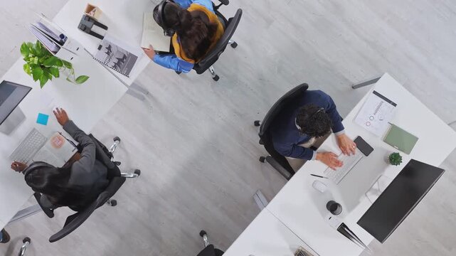 People, call center and computer for contact, group or customer support at investment company. Men, women and above for consultant team in office, voip headset or financial advisory service at agency