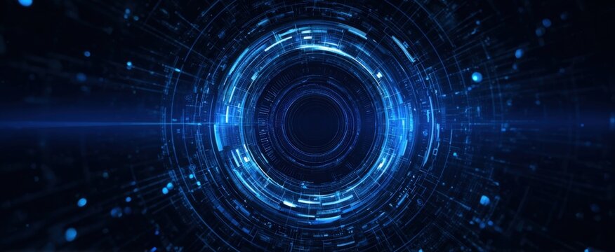 Deep blue abstract digital vortex with light trails and particles