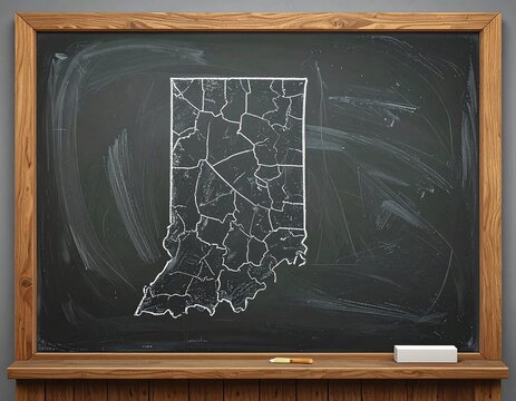 Chalkboard map of Indiana outline and internal regions on dark grey chalkboard with wooden frame in bright lighting