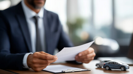 Fototapeta premium Professional in formal attire presenting vehicle insurance contract documents faceless businessman defocused desk background miniature automobile models symbolizing coverage